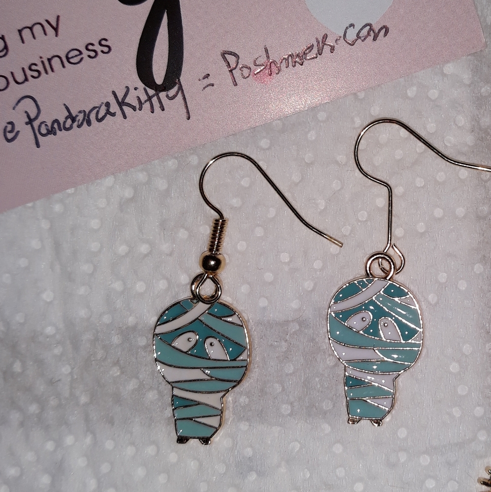 CUTE *Pastel Blue MUMMY Charm Halloween Earrings spooky charm 1 pr Handmade NEW